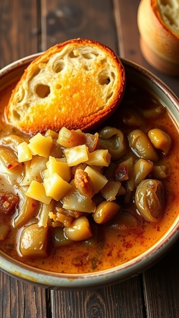 A bowl of French onion soup with melted cheese and toasted bread on a rustic table.
